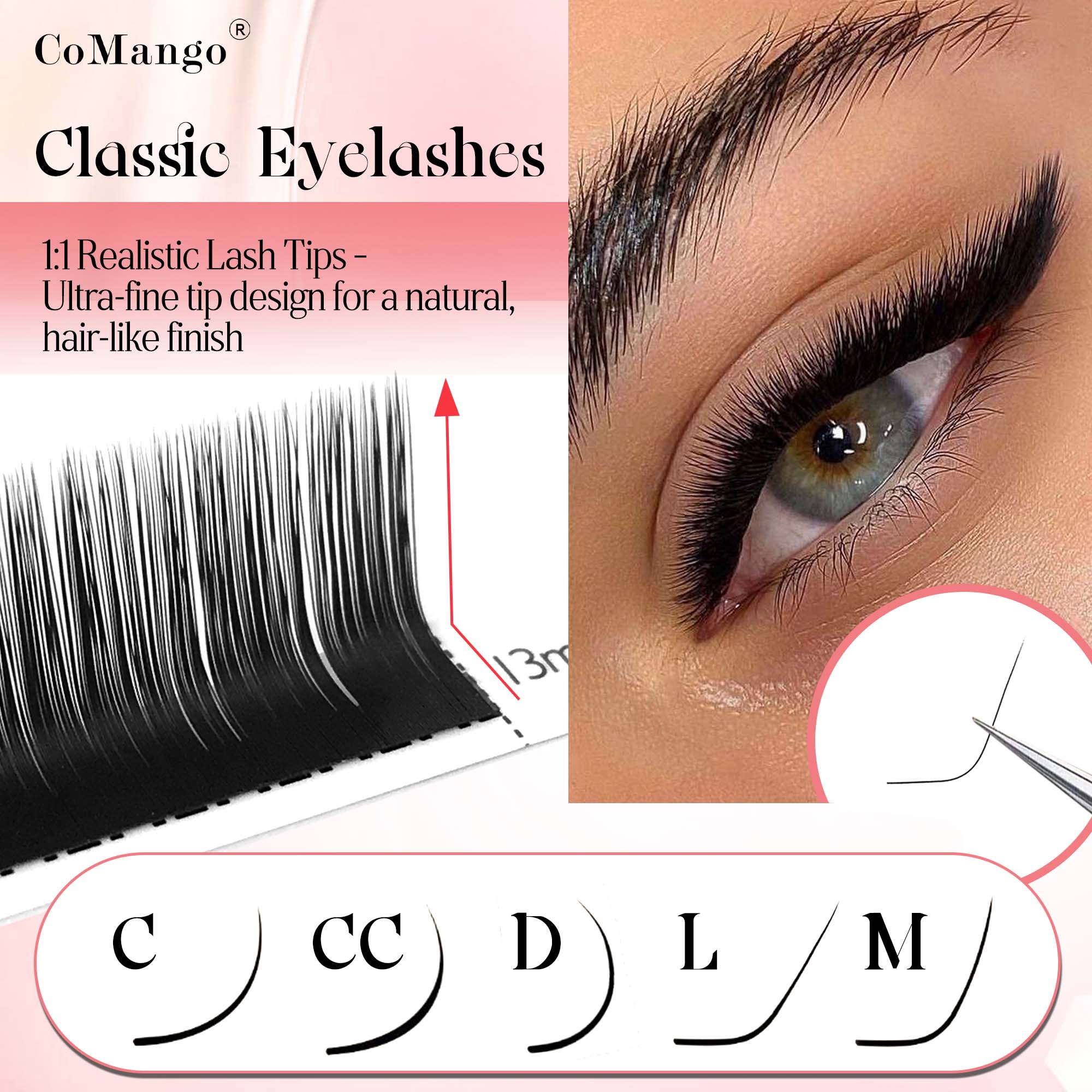 Eyelash Extensions Classic - CoMango klasik kirpik uzantısı 0,03/0,05/0,07/0,1/0,15 mm